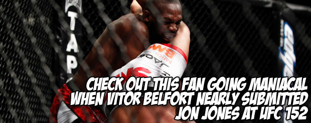 Check out this fan going maniacal when Vitor Belfort nearly submitted Jon Jones at UFC 152