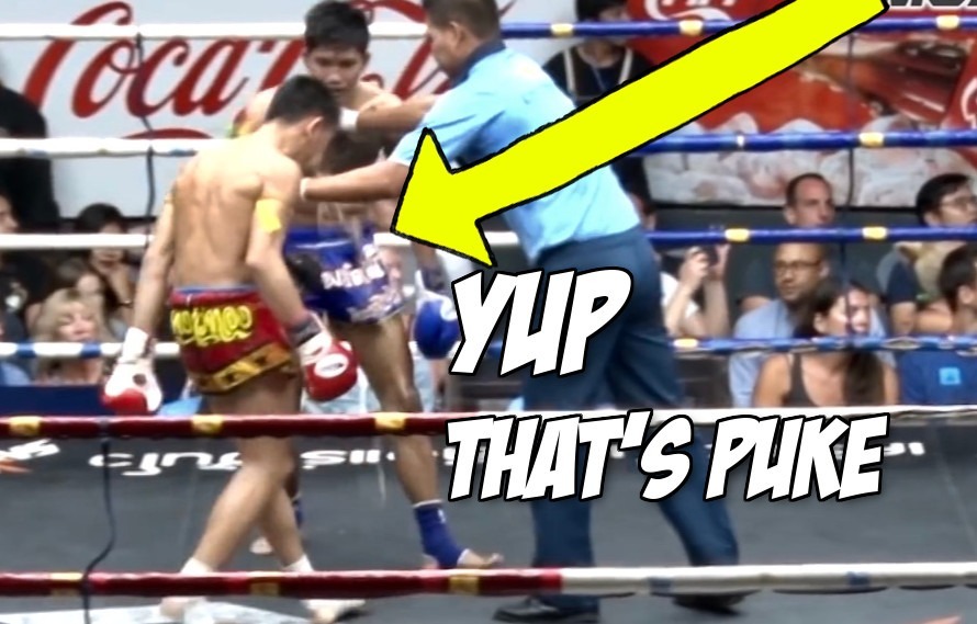 Video: Muay Thai fighter vomits all over opponent and ref, fights on but gets KO’d anyway