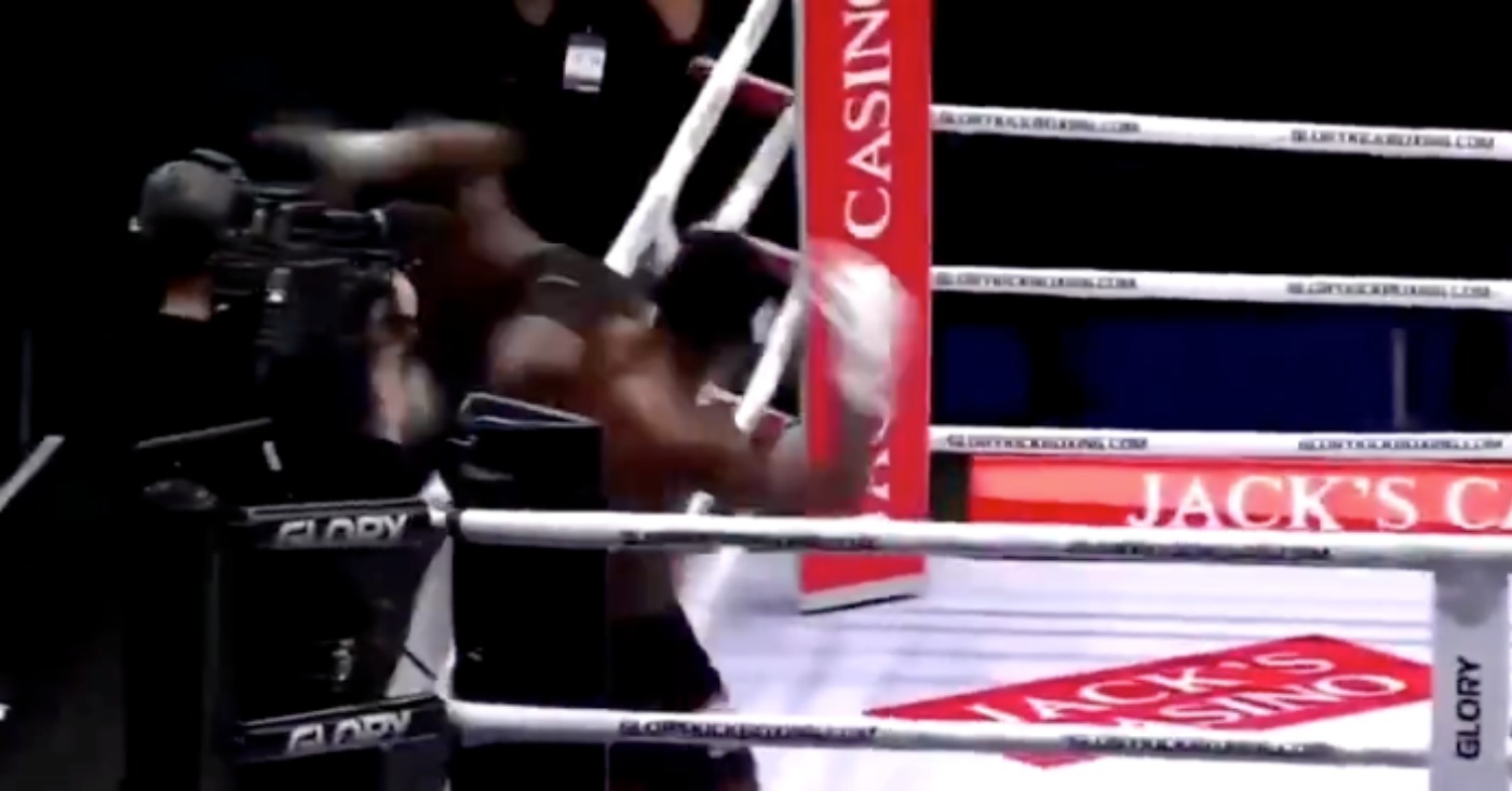 (Video) GLORY Kickboxer Murthel Groenhart Goes Over The Ropes After Flying Knee