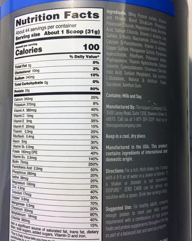 Isopure Zero Carb Ingredients