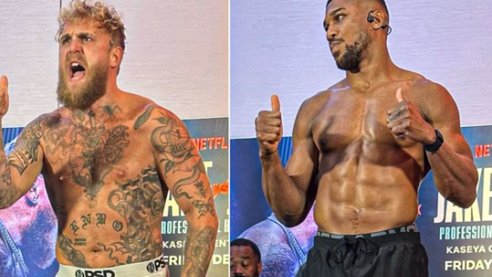 Video: Anthony Joshua Outweighs Jake Paul by 27 Pounds at Official Miami Weigh in