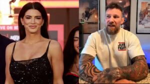 Gina Carano and John Wood during Home of Fight interview