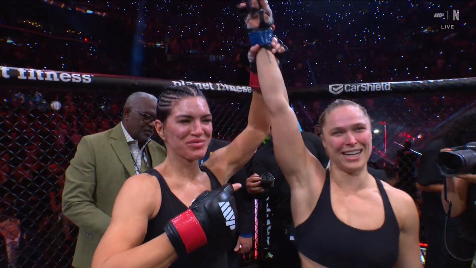 Ronda Rousey and Gina Carano share an emotional moment after MVP MMA 1