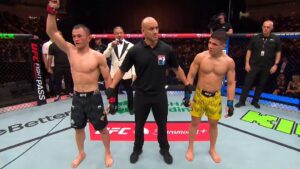Jean Matsumoto has his hand raised after defeating Bekzat Almakhan at UFC Baku