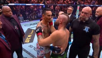 Max Holloway and Conor McGregor speak in the Octagon after the UFC 329 main event