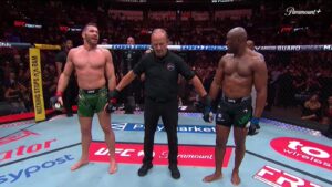 Dricus Du Plessis has his hand raised after defeating Kamaru Usman at UFC Oklahoma City