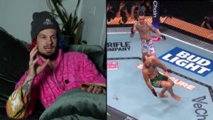 Sean O'Malley reacts to Conor McGregor's opening kick sequence at UFC 329