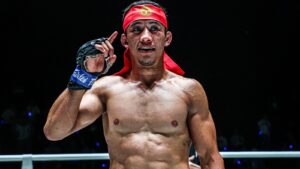 Akbar Abdullaev celebrates after a ONE Championship victory ahead of his DWCS fight with Anthony Figueroa.