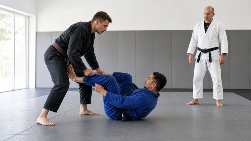 A generic BJJ student practices open-guard passing while a coach supervises