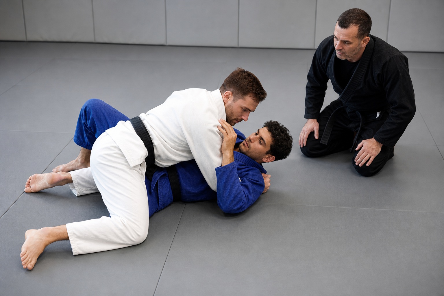 Two generic gi trainees practice settling side control after a guard pass