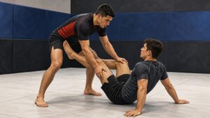 Two generic Brazilian jiu-jitsu students practice an open-guard passing exchange