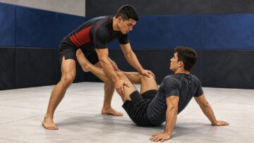 Two generic Brazilian jiu-jitsu students practice an open-guard passing exchange