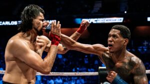 Bryce Henry lands a punch on Carlos Trinidad-Snake at BKFC Fight Night Mohegan Sun