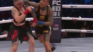 Christine Ferea lands a punch on Sofia Landi during their BKFC 92 bout.