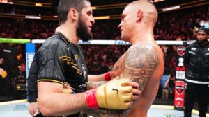 Islam Makhachev and Dustin Poirier speak after their UFC 302 title fight.