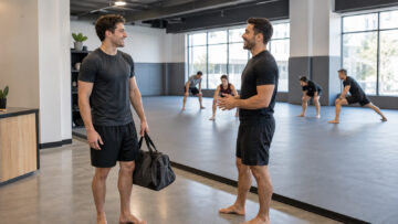 New MMA student checks in with a coach before a beginner class