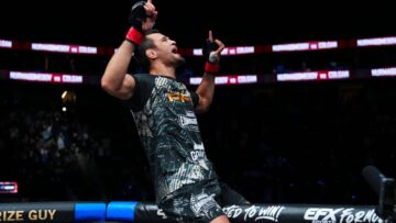 Usman Nurmagomedov celebrates after defending the PFL lightweight title at PFL New York.