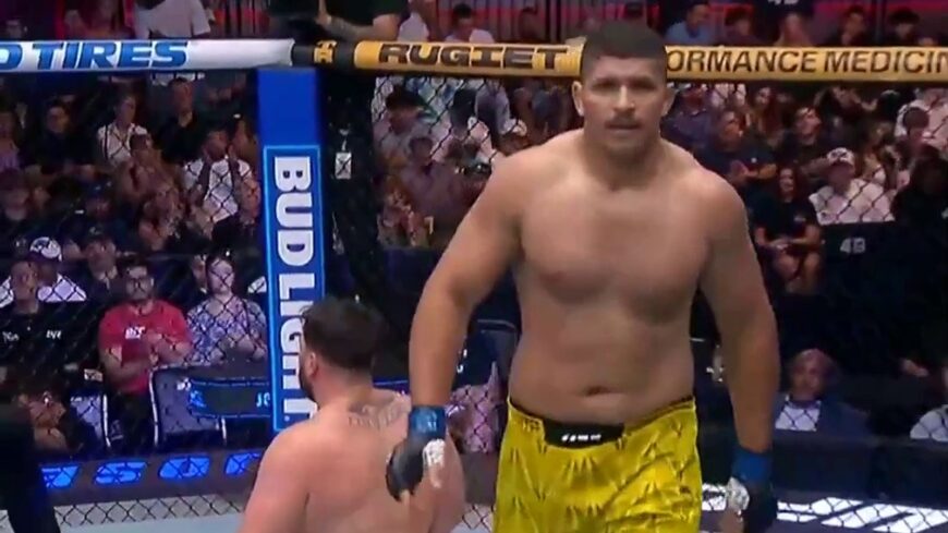Jose Montanha stands in the Octagon after submitting Louie Sutherland at UFC Vegas 120.