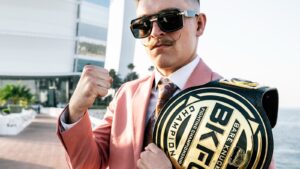 Kai Stewart with the BKFC featherweight title before BKFC 92 at Fenway Park