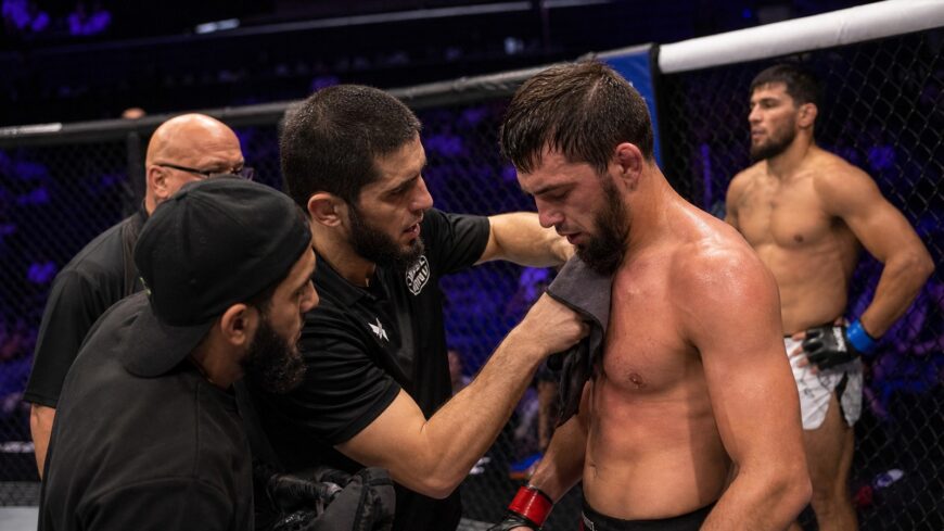 Islam Makhachev with Magomed Magomedov after shoulder injury at PFL Tampa