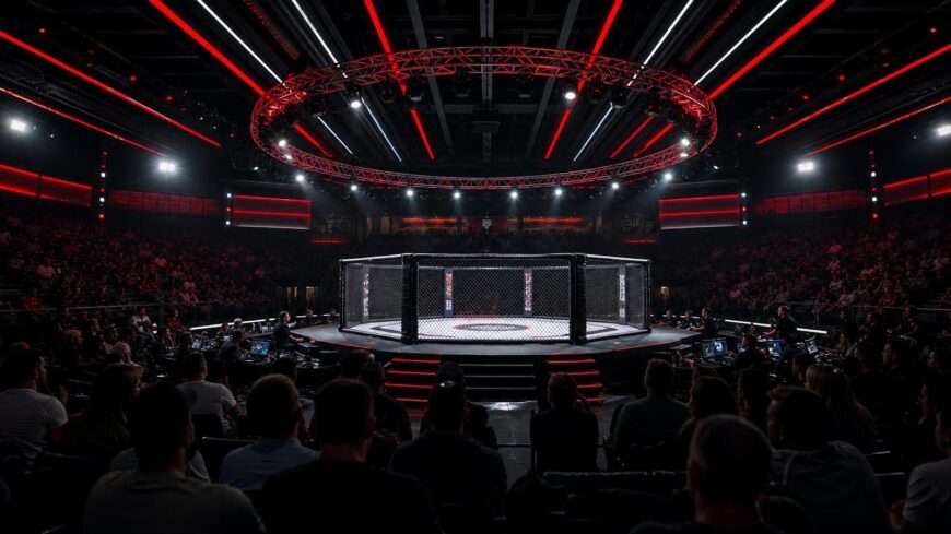 Editorial graphic of a modern MMA cage venue for UFC Meta Apex coverage
