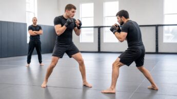 Two MMA trainees use balanced stances during supervised footwork practice
