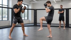 Two fictional MMA athletes demonstrate stance and a compact low check in a training cage