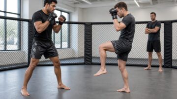 Two fictional MMA athletes demonstrate stance and a compact low check in a training cage