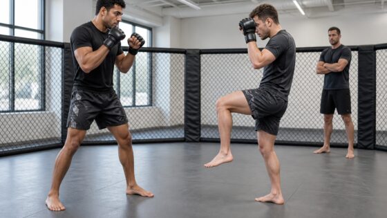 Two fictional MMA athletes demonstrate stance and a compact low check in a training cage