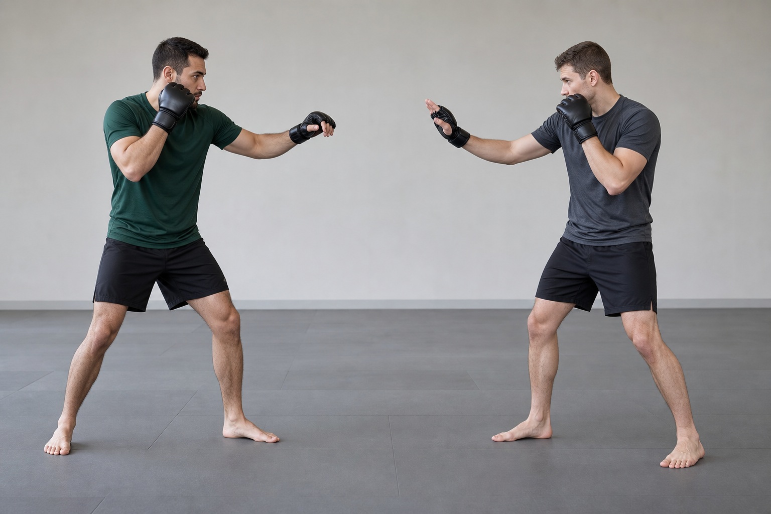 MMA trainee shows the beginning of a jab while a partner starts a lead-hand parry