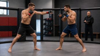 Two fictional MMA athletes test range with a coach observing from outside the training cage