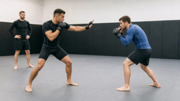 Two MMA trainees measure distance with balanced stances during supervised practice