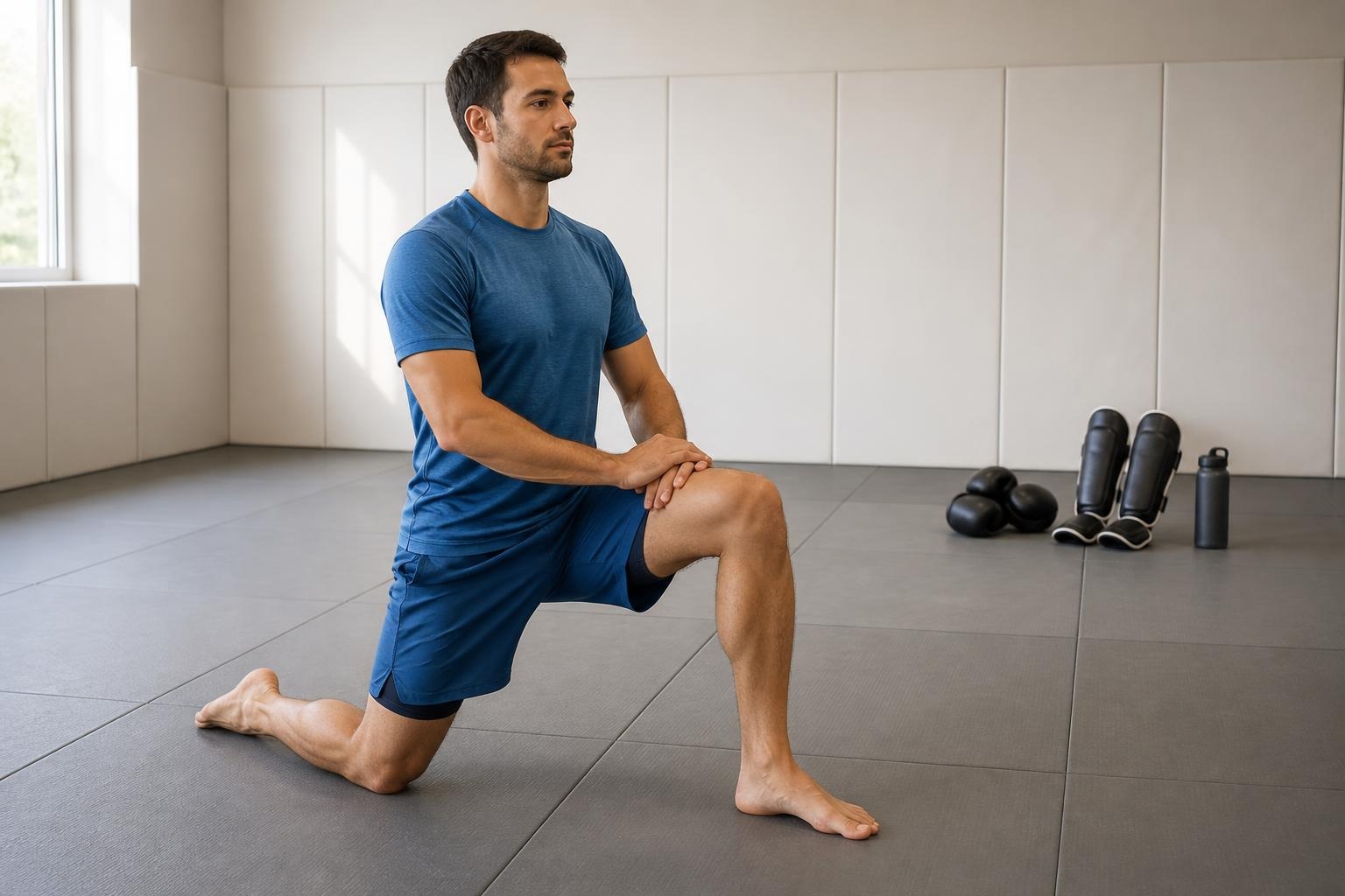 A generic MMA trainee performs gentle mobility during a low-intensity recovery day
