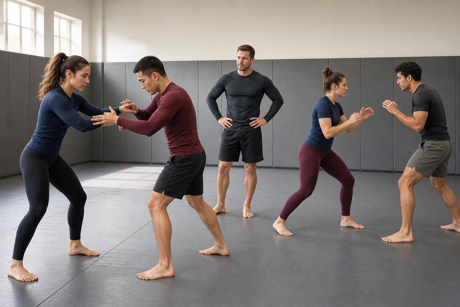 Generic MMA students practice controlled footwork and light hand-fighting under a coach