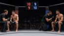 Two generic MMA fighters receive corner advice beneath an open scoring display between rounds