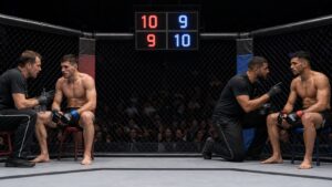 Two generic MMA fighters receive corner advice beneath an open scoring display between rounds