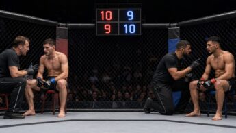 Two generic MMA fighters receive corner advice beneath an open scoring display between rounds
