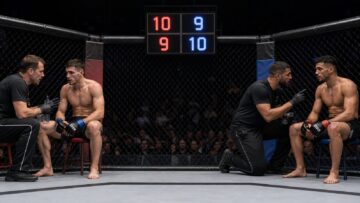 Two generic MMA fighters receive corner advice beneath an open scoring display between rounds