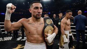 Teofimo Lopez and Rolly Romero after their WBA welterweight title fight