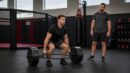 A generic MMA student performs a trap-bar deadlift while a coach observes in a clean training gym