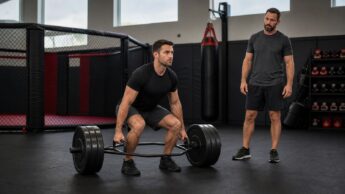 A generic MMA student performs a trap-bar deadlift while a coach observes in a clean training gym