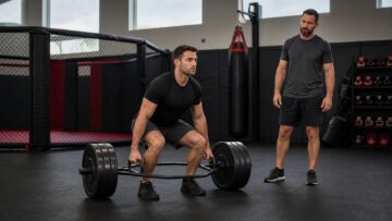A generic MMA student performs a trap-bar deadlift while a coach observes in a clean training gym