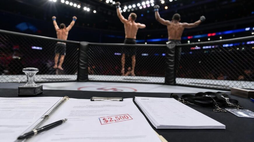 Commission paperwork shows $2,500 fines beside an MMA cage after UFC 329
