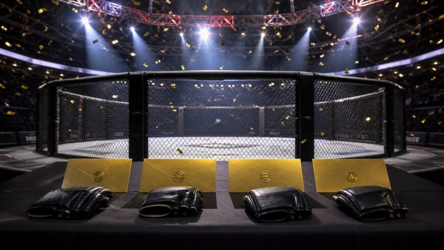 UFC 330 performance bonus envelopes and gloves inside an MMA arena
