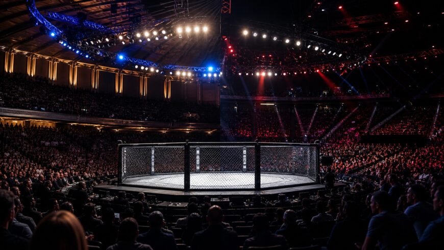 Octagon inside a packed arena for UFC 334 and UFC 335 venue announcements