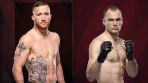 Justin Gaethje and Uros Medic in a balanced two-fighter UFC story graphic.