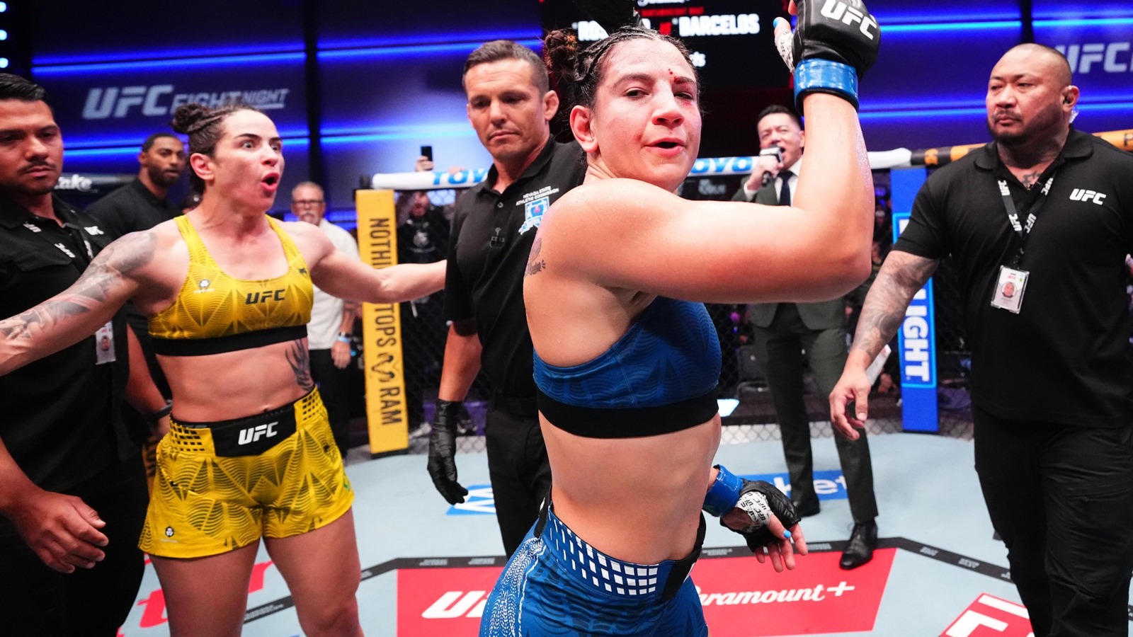 Ailin Perez and Norma Dumont during their bout at UFC Vegas 121.