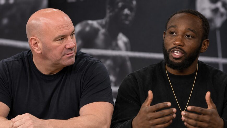 Dana White and Terence Crawford in a boxing news illustration