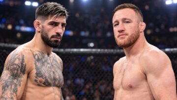 Justin Gaethje and Ilia Topuria pictured before their lightweight title fight