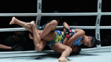 Macarena Aragon attacks a submission against Gabi Fujimoto at ONE Fight Night 47